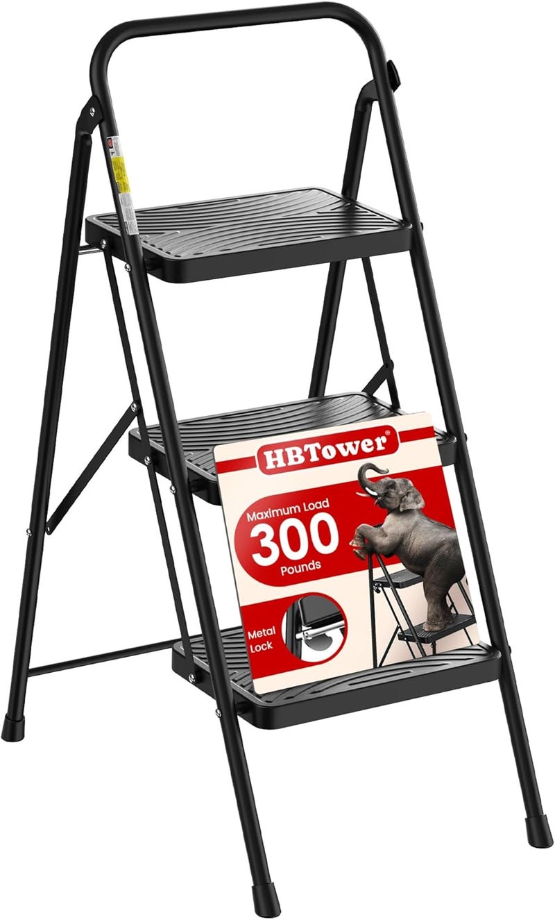 HBTower 3 Step Ladder, Step Stool with Wide Anti-Slip Pedal, Step Ladder Folding Step Stool for Adults, Lightweight Steel Portable ladders for Home Kitchen - Image 1
